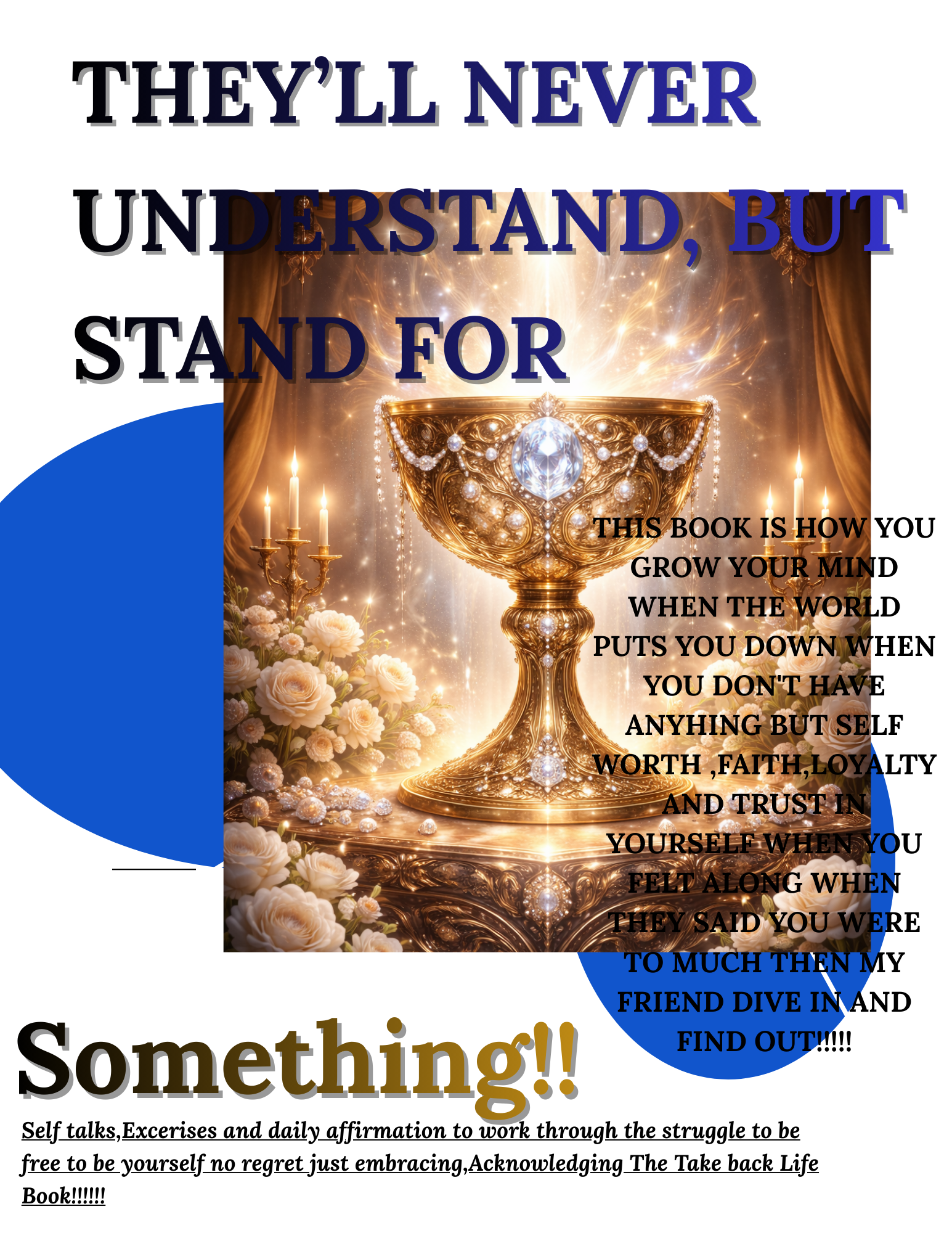 Book cover with a golden cup and candles, surrounded by text.