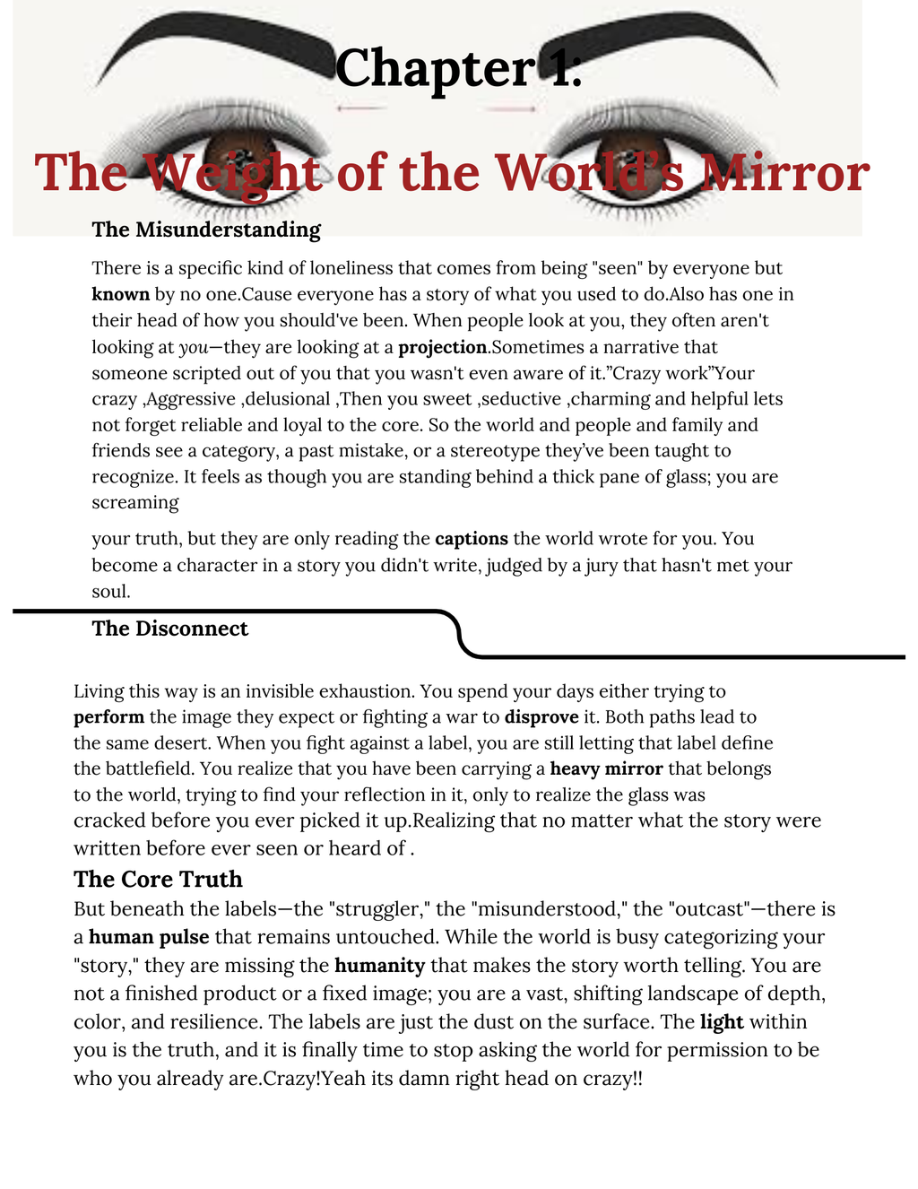 Text document with chapter title 'The Weight of the World's Mirror' and introductory text on a white background.