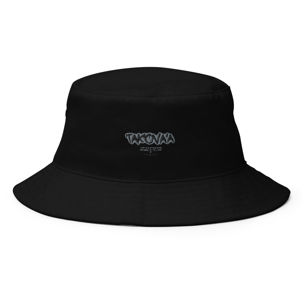 Black bucket hat with a logo on a white background