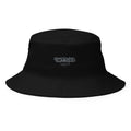 Black bucket hat with a logo on a white background