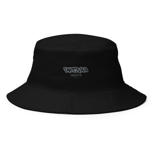 Black bucket hat with a logo on a white background