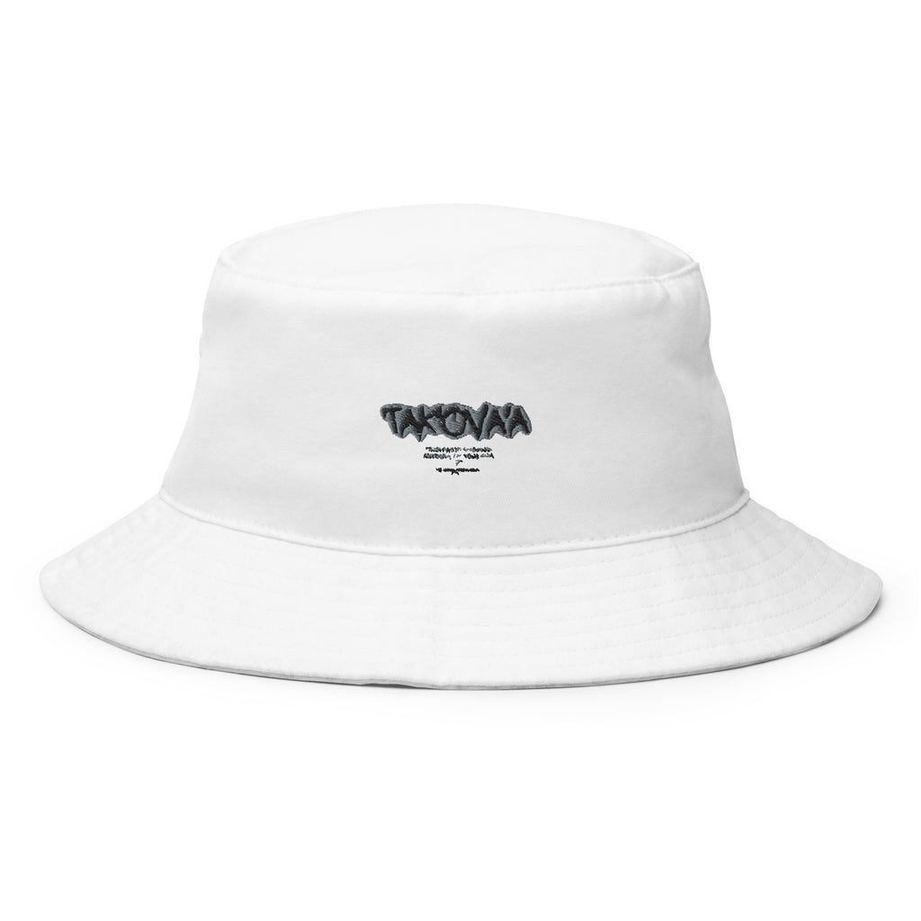 White bucket hat with black text on a white background