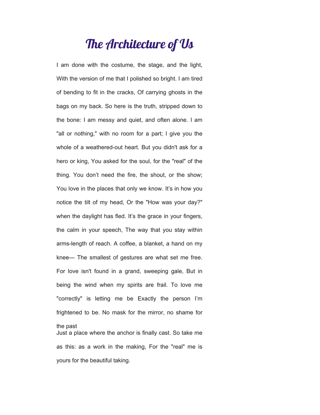 Text poem titled 'The Architecture of Us' on a white background with purple text.